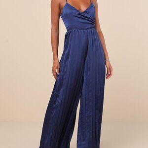 Lulus Memorably Sophisticated Navy Satin Pleated Backless Jumpsuit Blue - Size M